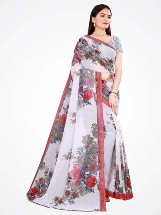    			Suali Georgette Printed Saree With Unstitched Blouse Piece ( White )