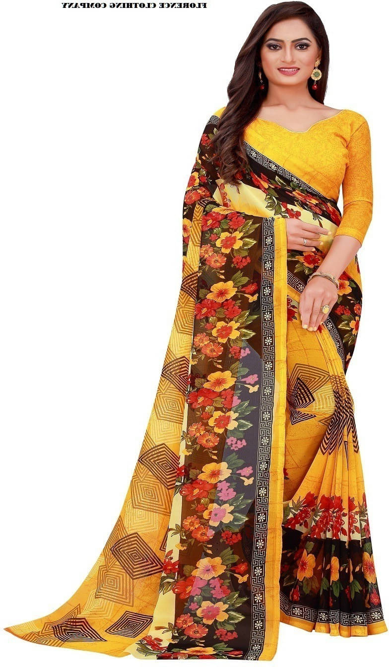     			Suali Georgette Printed Saree With Unstitched Blouse Piece ( Yellow )
