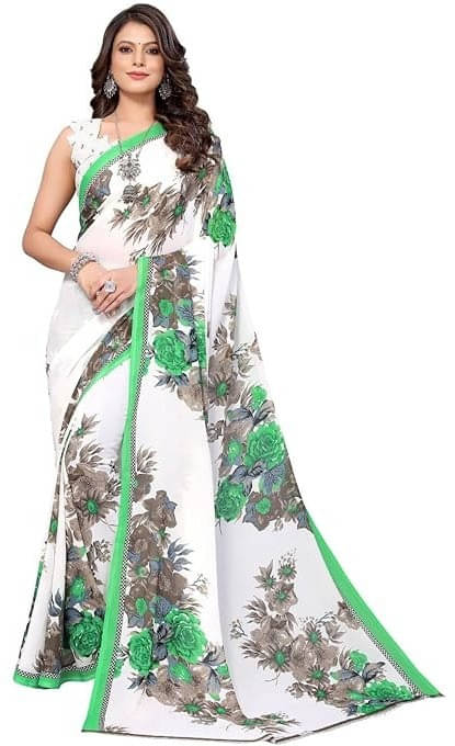     			Suali Georgette Printed Saree With Unstitched Blouse Piece ( Green )