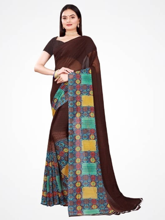     			Suali Georgette Printed Saree With Unstitched Blouse Piece ( Brown )