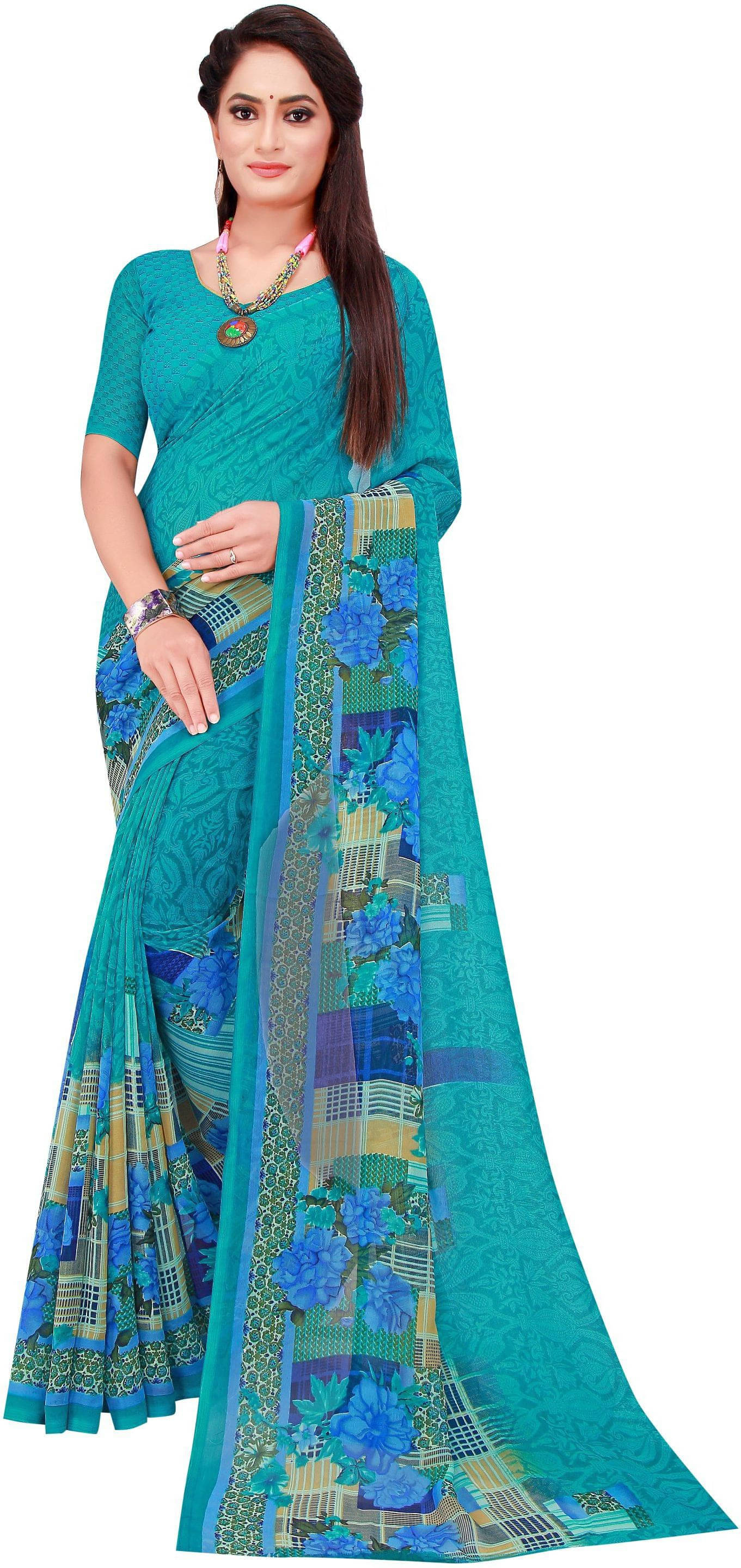     			Suali Georgette Printed Saree With Unstitched Blouse Piece ( Blue )