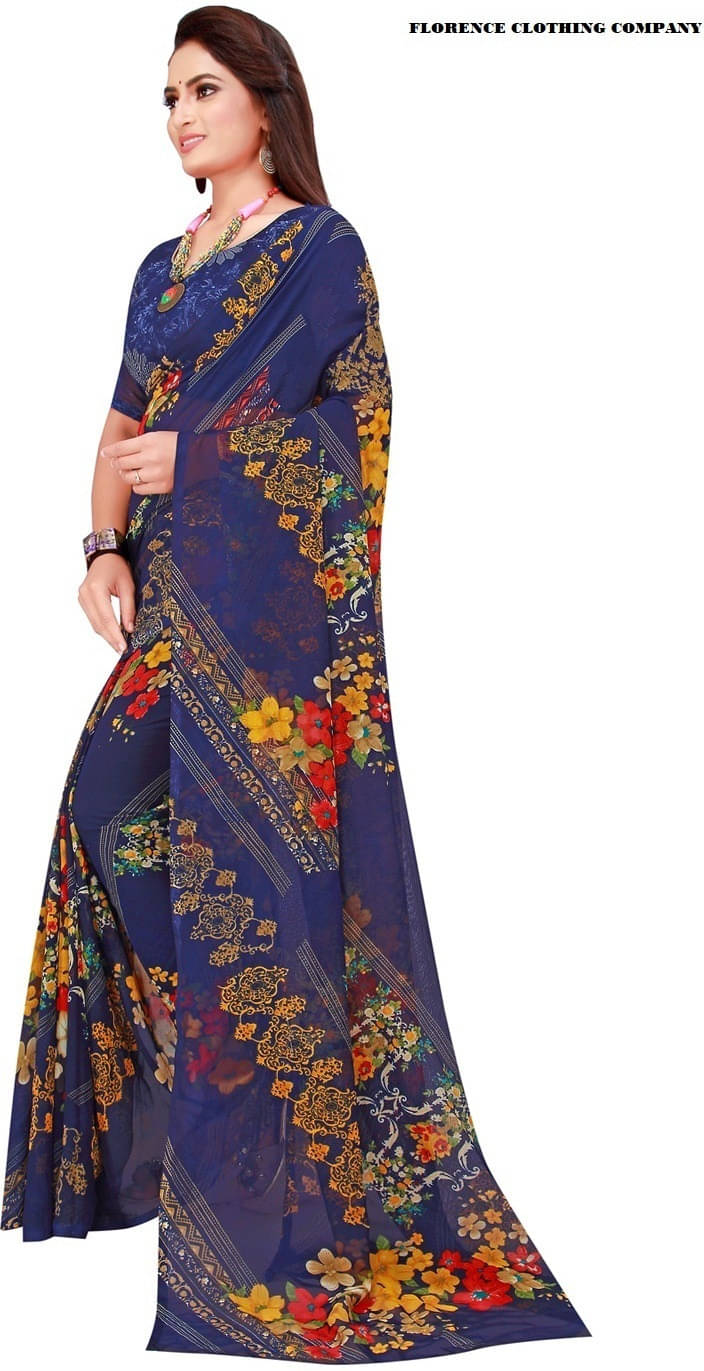 Suali Georgette Printed Saree With Unstitched Blouse Piece ( Blue ) Suali Georgette Printed Saree With Unstitched Blouse Piece ( Blue )