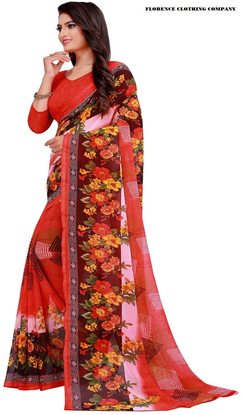 Suali Georgette Printed Saree With Unstitched Blouse Piece ( Red ) Suali Georgette Printed Saree With Unstitched Blouse Piece ( Red )