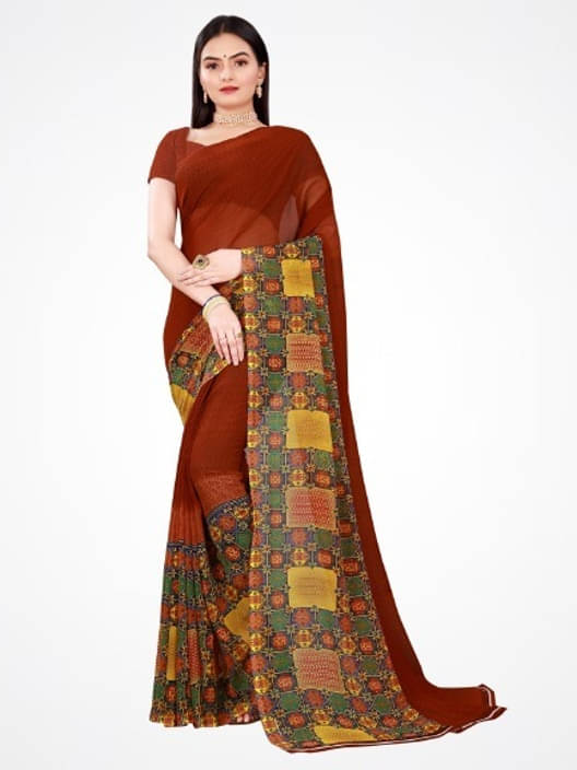     			Suali Georgette Printed Saree With Unstitched Blouse Piece ( Brown )