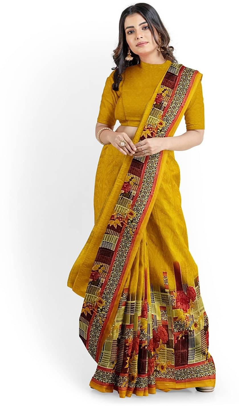     			Suali Georgette Printed Saree With Unstitched Blouse Piece ( Yellow )
