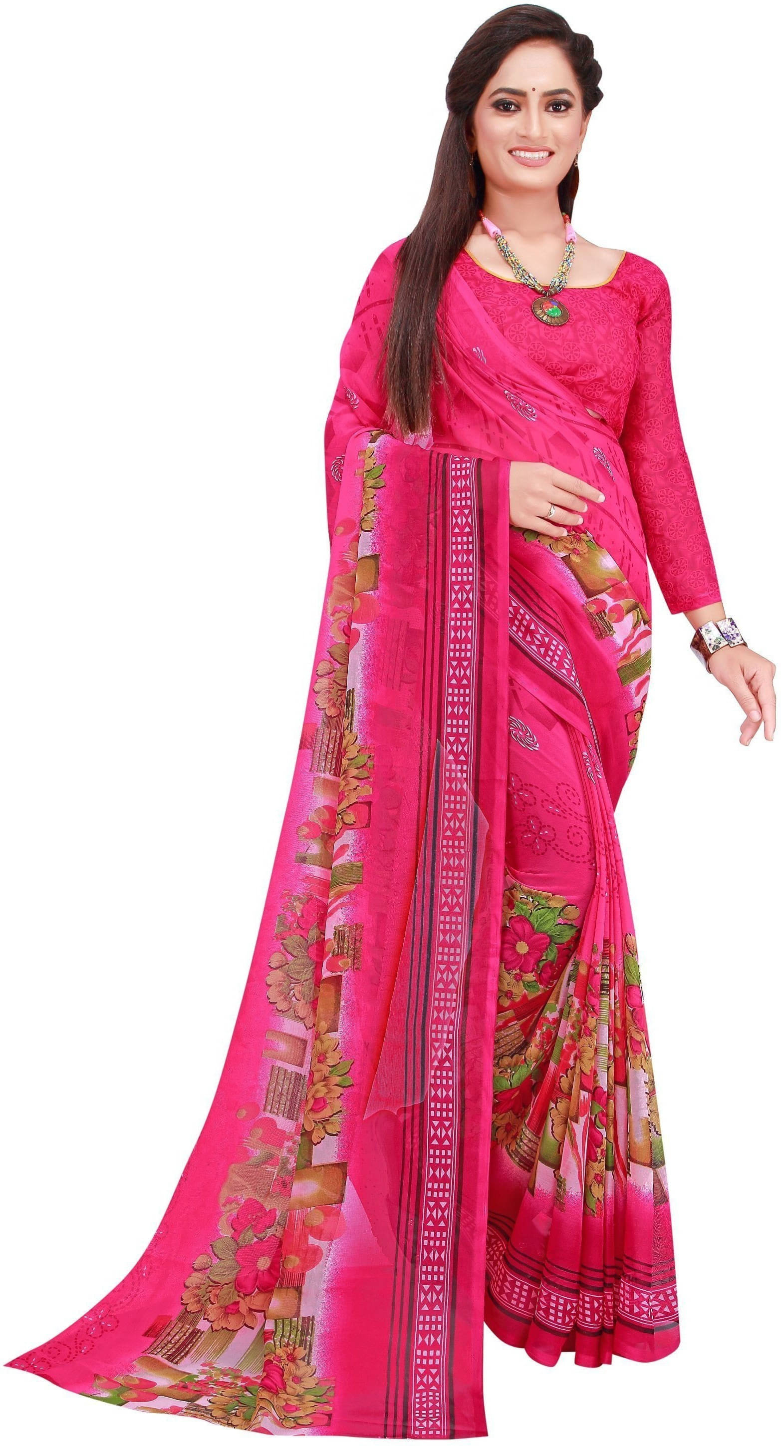 Suali Georgette Printed Saree With Unstitched Blouse Piece ( Pink ) Suali Georgette Printed Saree With Unstitched Blouse Piece ( Pink )