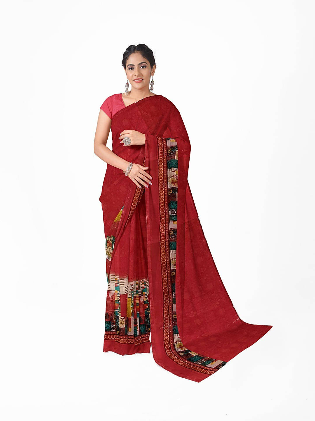 Suali Georgette Printed Saree With Unstitched Blouse Piece ( Red ) Suali Georgette Printed Saree With Unstitched Blouse Piece ( Red )