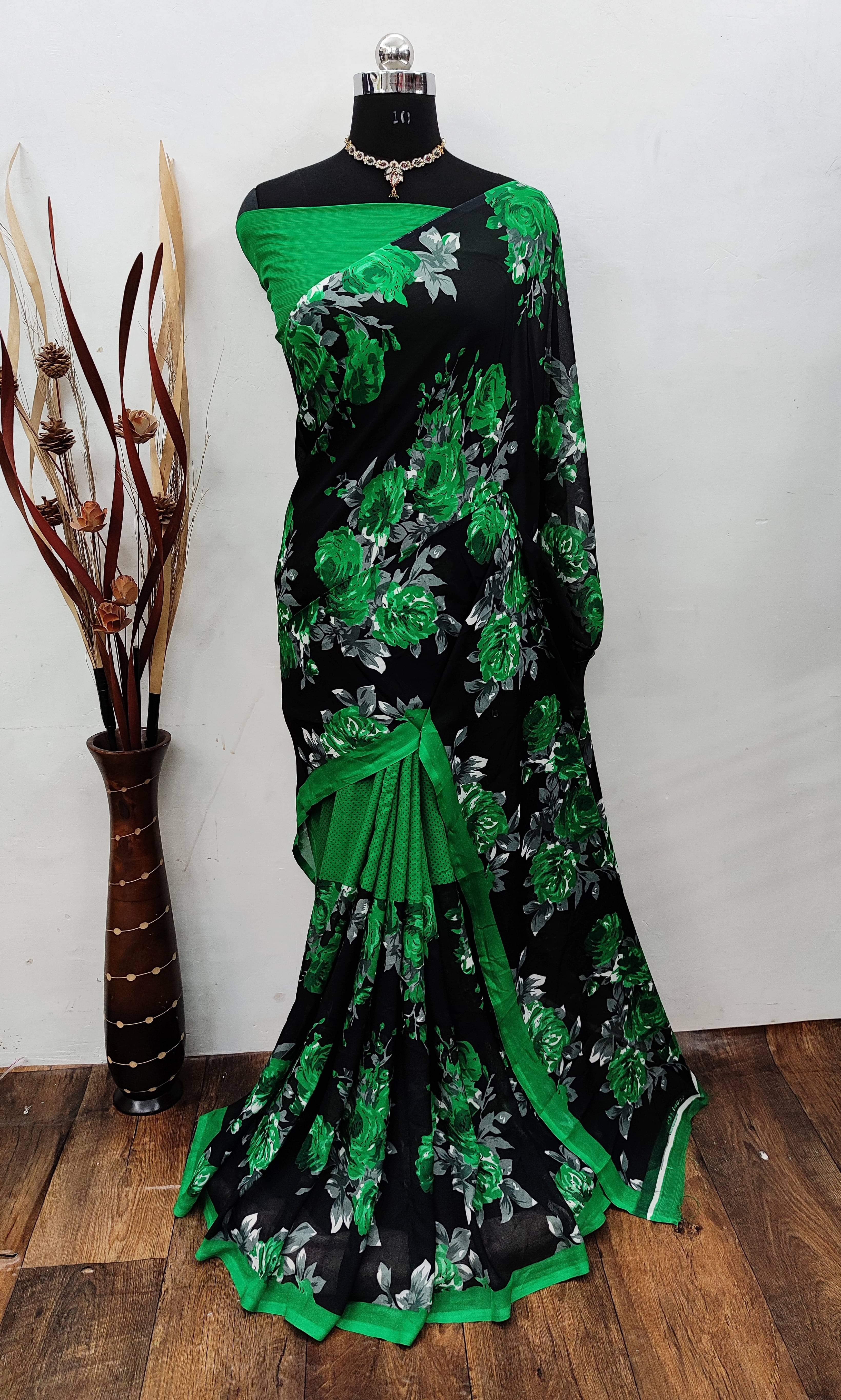 Suali Georgette Printed Saree With Unstitched Blouse Piece ( Green ) Suali Georgette Printed Saree With Unstitched Blouse Piece ( Green )