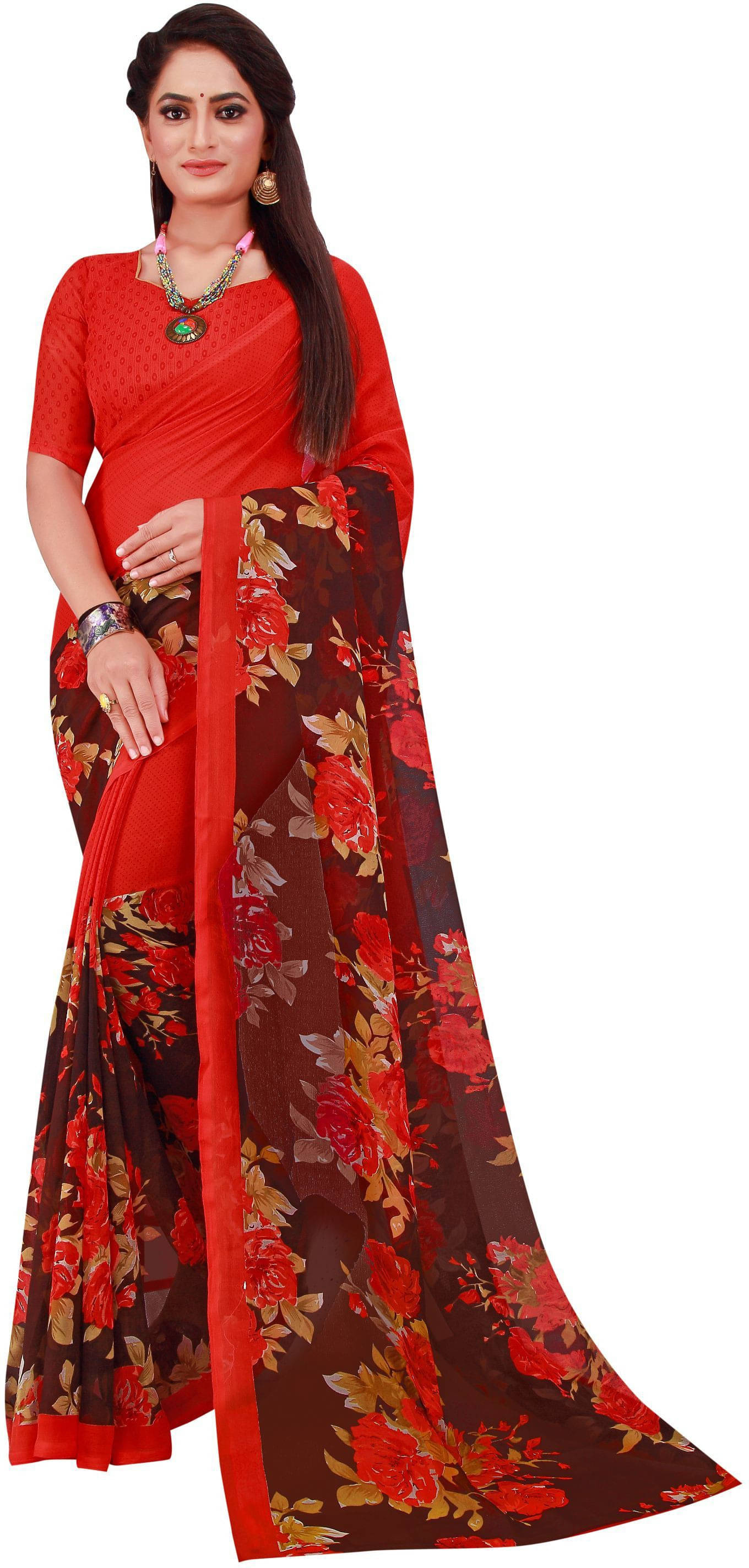 Suali Georgette Solid Saree With Unstitched Blouse Piece ( Red ) Suali Georgette Solid Saree With Unstitched Blouse Piece ( Red )