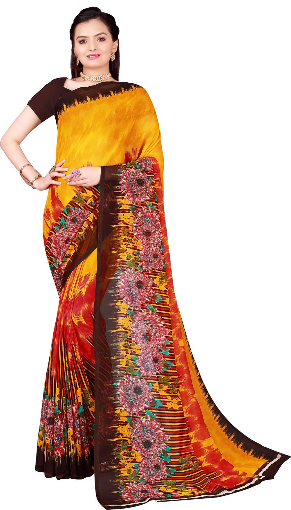     			Suali Georgette Solid Saree With Unstitched Blouse Piece ( Multicolor )
