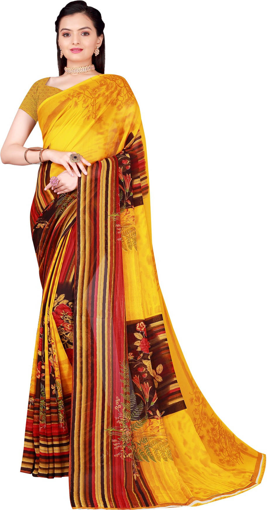     			Suali Georgette Solid Saree With Unstitched Blouse Piece ( Yellow )
