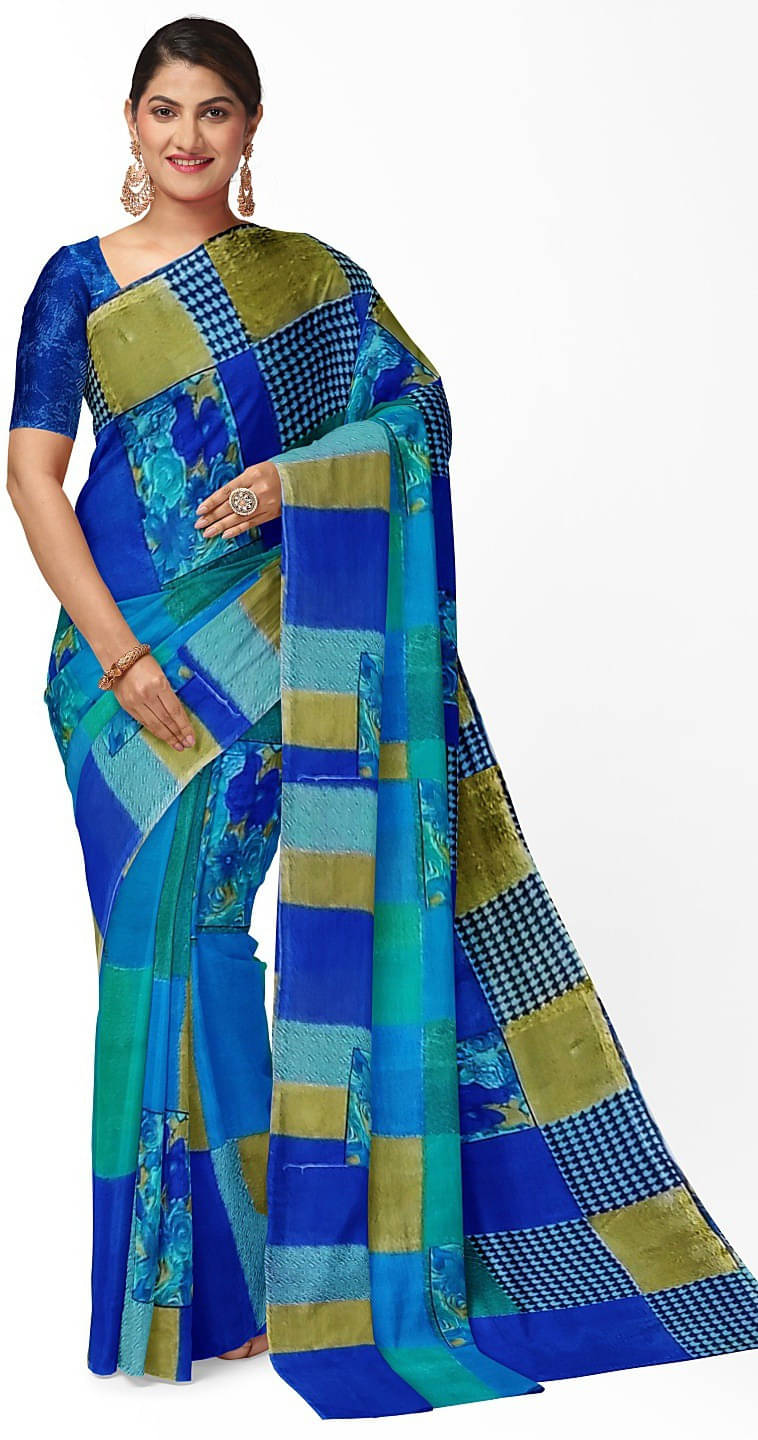 Suali Georgette Solid Saree With Unstitched Blouse Piece ( Blue ) Suali Georgette Solid Saree With Unstitched Blouse Piece ( Blue )