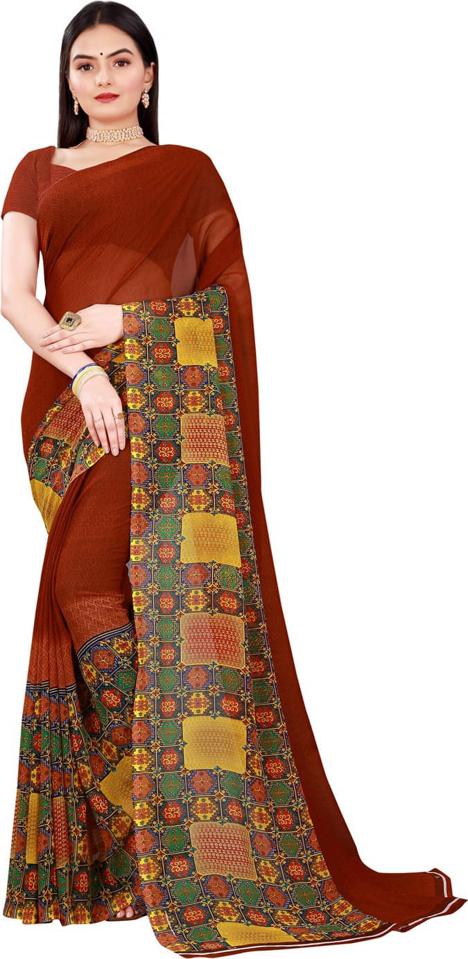 Suali Georgette Solid Saree With Unstitched Blouse Piece ( Brown ) Suali Georgette Solid Saree With Unstitched Blouse Piece ( Brown )