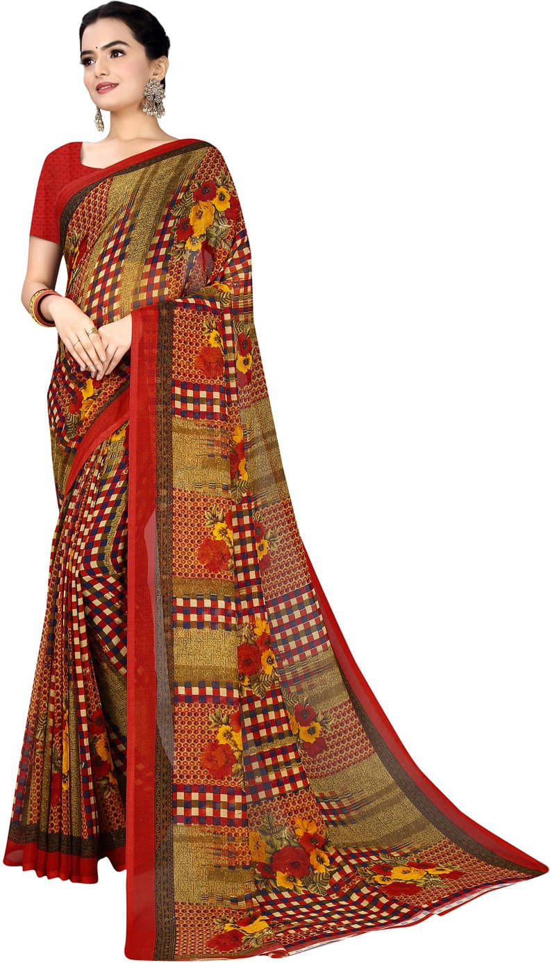 Suali Georgette Solid Saree With Unstitched Blouse Piece ( Red ) Suali Georgette Solid Saree With Unstitched Blouse Piece ( Red )