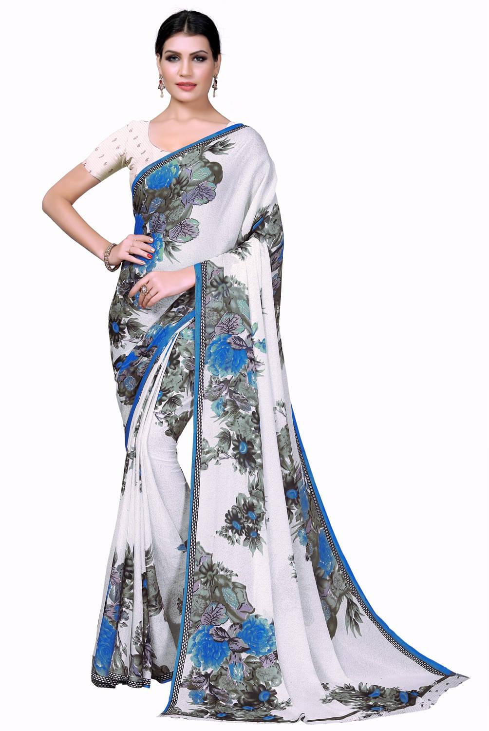 Suali Georgette Solid Saree With Unstitched Blouse Piece ( White ) Suali Georgette Solid Saree With Unstitched Blouse Piece ( White )