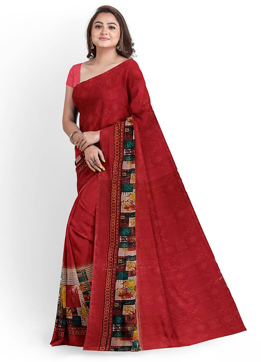 Suali Georgette Solid Saree With Unstitched Blouse Piece ( Red ) Suali Georgette Solid Saree With Unstitched Blouse Piece ( Red )