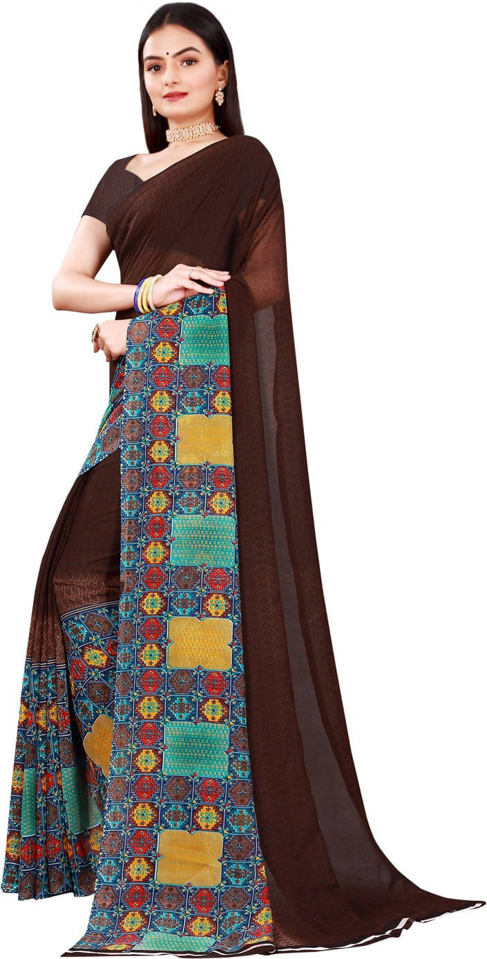 Suali Georgette Solid Saree With Unstitched Blouse Piece ( Brown ) Suali Georgette Solid Saree With Unstitched Blouse Piece ( Brown )