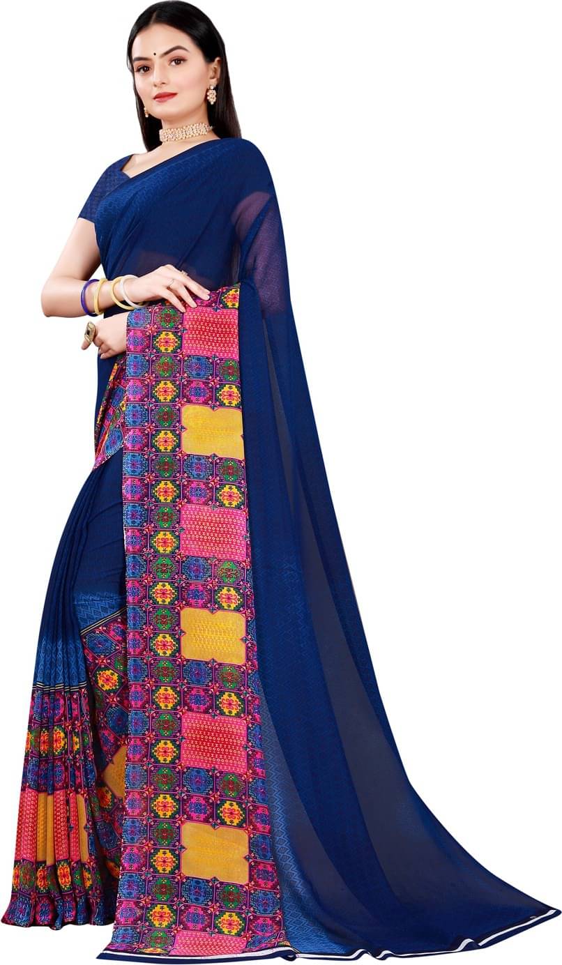 Suali Georgette Solid Saree With Unstitched Blouse Piece ( Blue ) Suali Georgette Solid Saree With Unstitched Blouse Piece ( Blue )