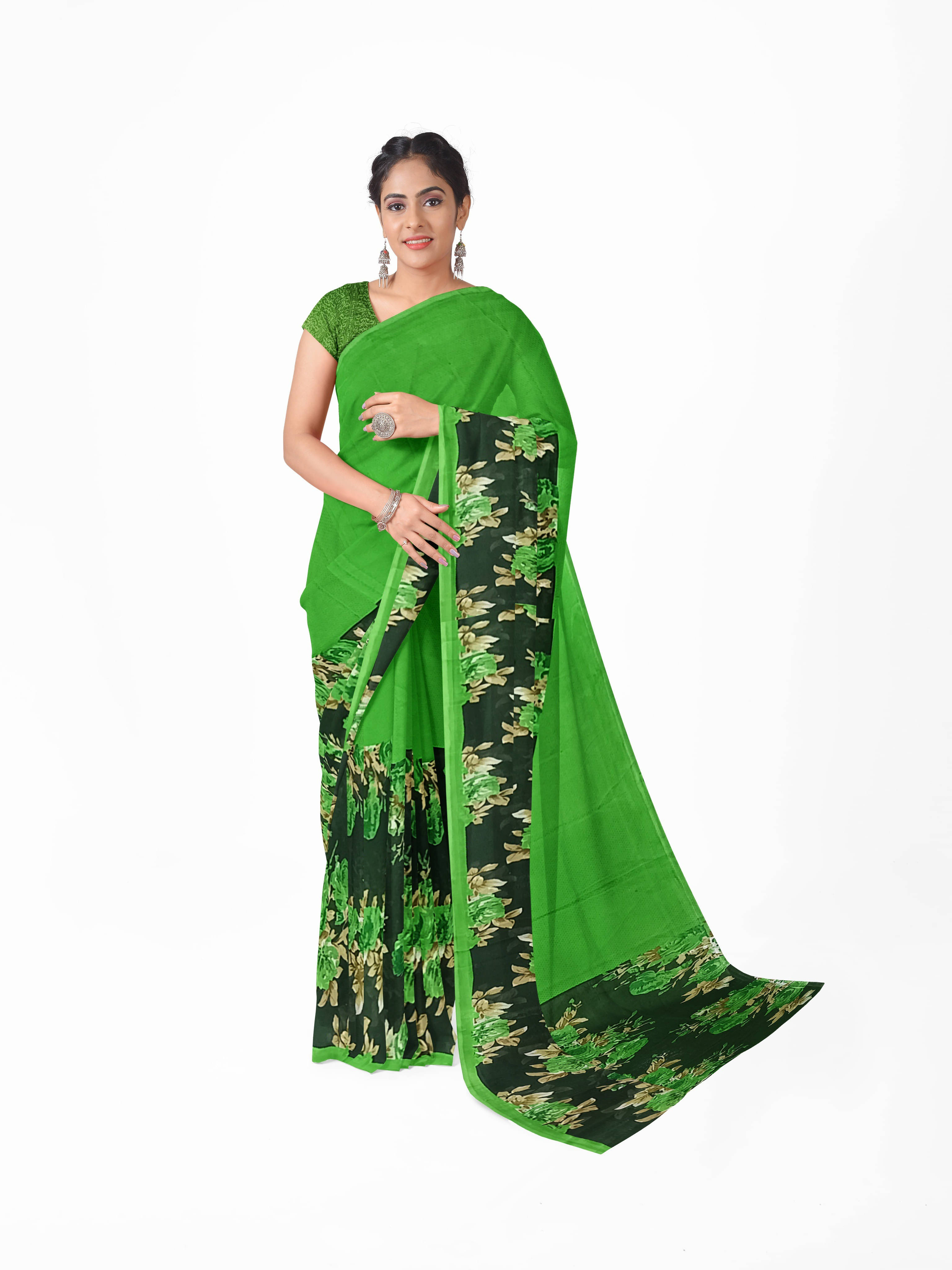 Suali Georgette Solid Saree With Unstitched Blouse Piece ( Green ) Suali Georgette Solid Saree With Unstitched Blouse Piece ( Green )