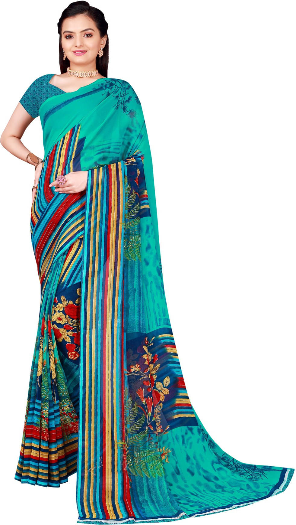 Suali Georgette Solid Saree With Unstitched Blouse Piece ( Blue ) Suali Georgette Solid Saree With Unstitched Blouse Piece ( Blue )