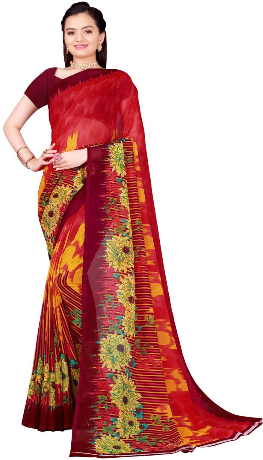 Suali Georgette Striped Saree With Unstitched Blouse Piece ( Red ) Suali Georgette Striped Saree With Unstitched Blouse Piece ( Red )