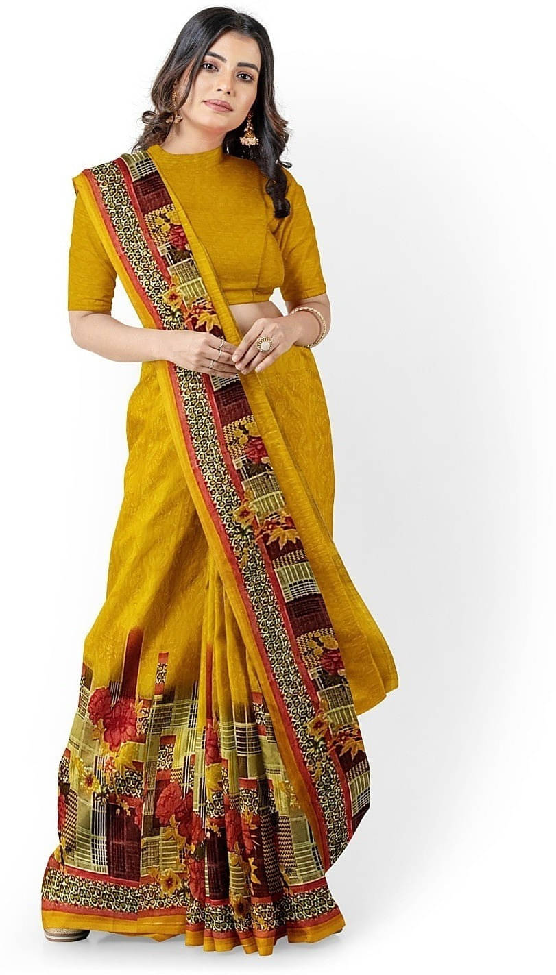     			Suali Georgette Striped Saree With Unstitched Blouse Piece ( Yellow )