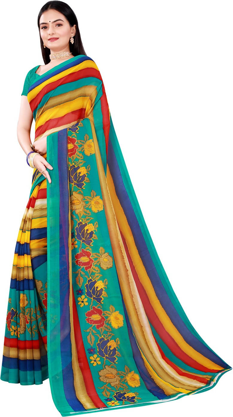     			Suali Georgette Striped Saree With Unstitched Blouse Piece ( Multicolor )