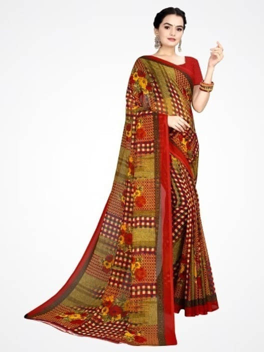     			Suali Georgette Striped Saree With Unstitched Blouse Piece ( Brown )