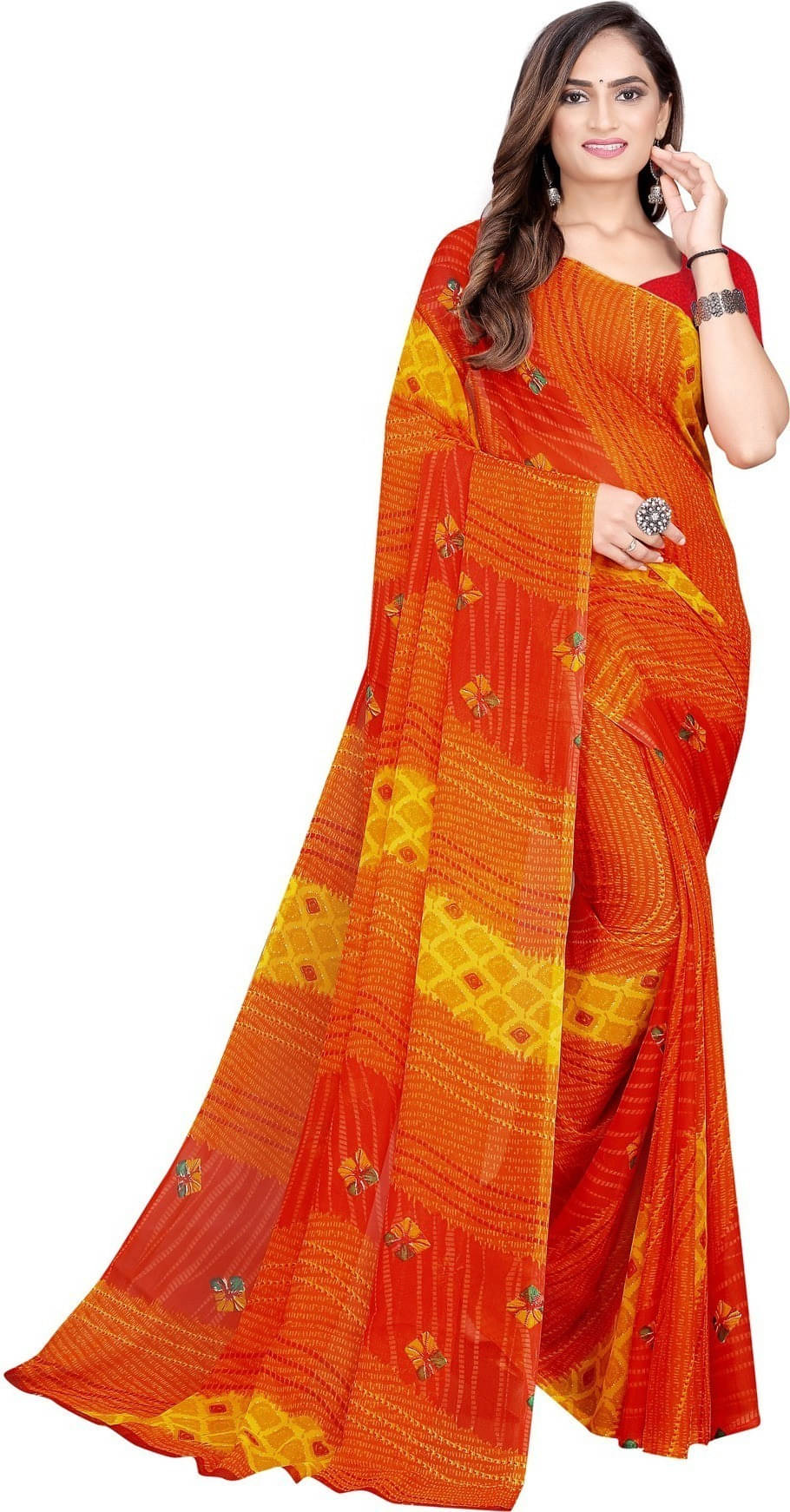 Suali Georgette Striped Saree With Unstitched Blouse Piece ( Orange ) Suali Georgette Striped Saree With Unstitched Blouse Piece ( Orange )