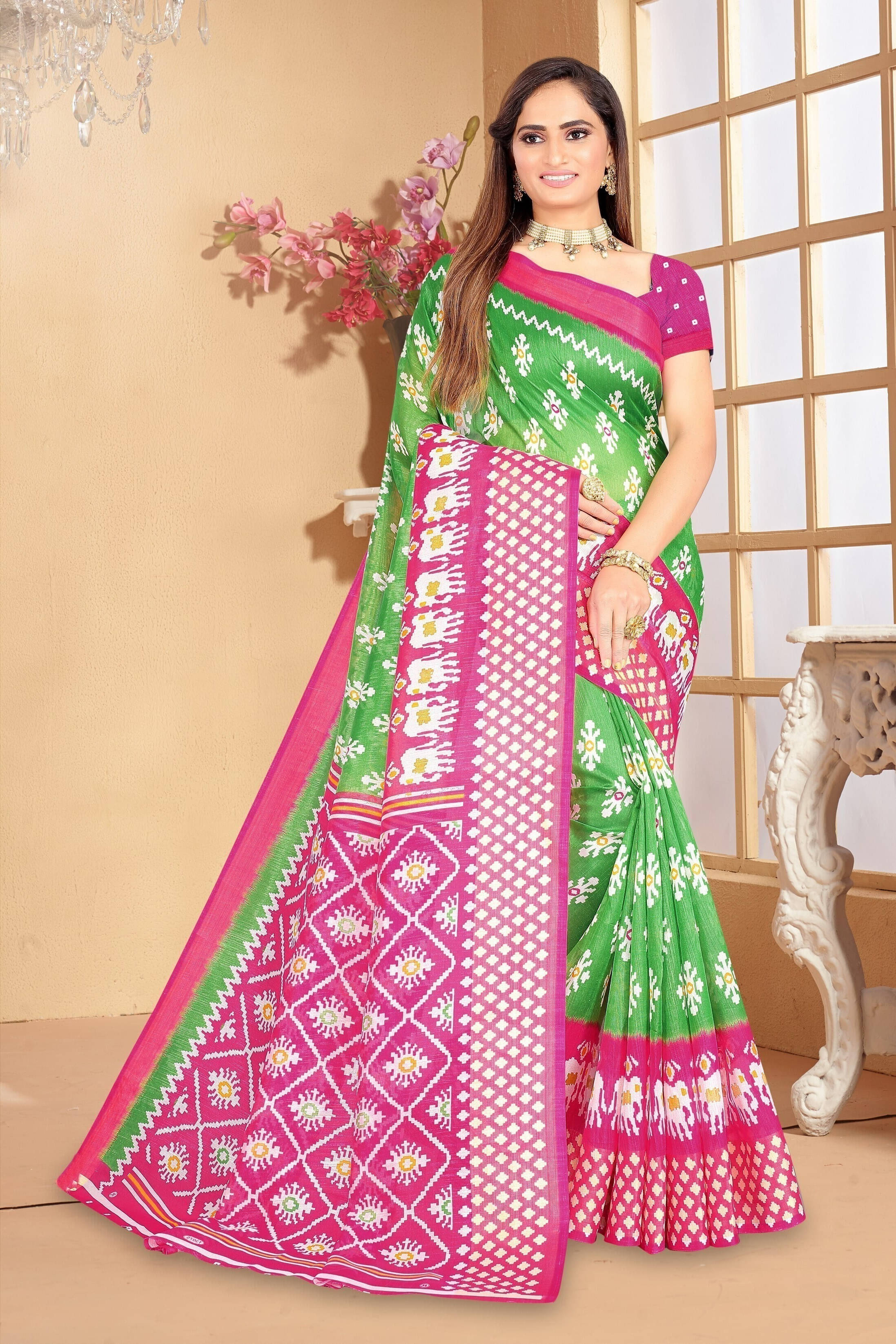     			Suali Georgette Striped Saree With Unstitched Blouse Piece ( Green )