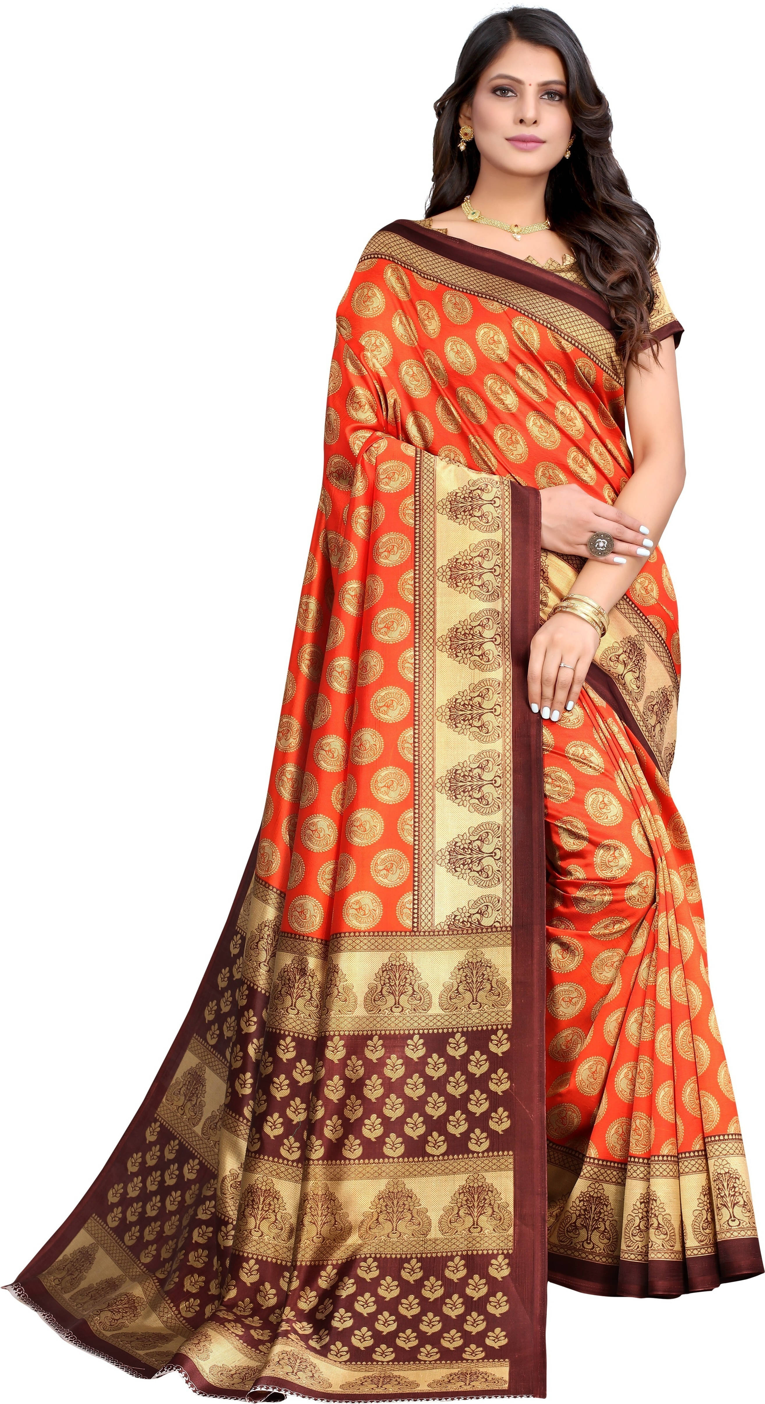     			Suali Georgette Striped Saree With Unstitched Blouse Piece ( Orange )