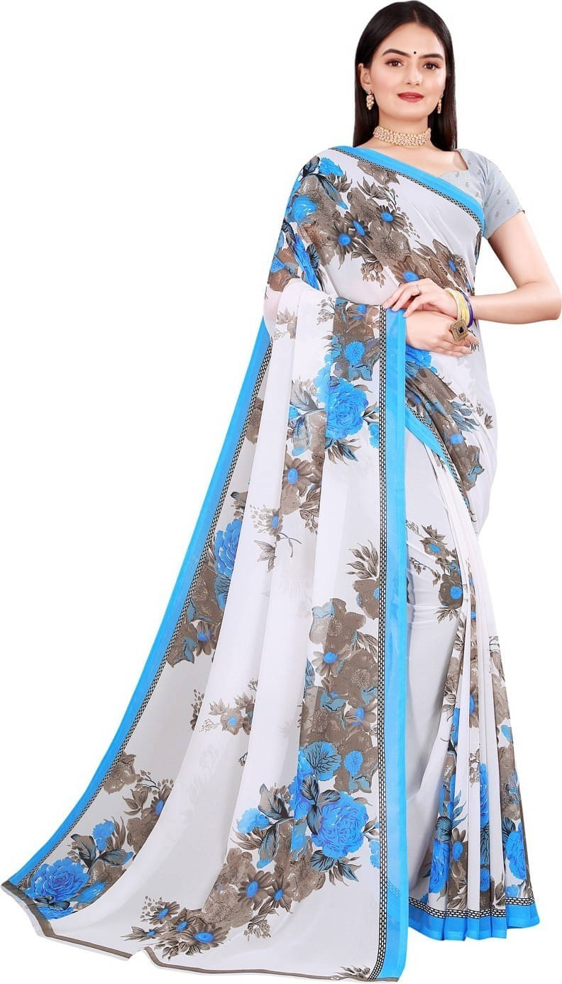 Suali Georgette Striped Saree With Unstitched Blouse Piece ( White ) Suali Georgette Striped Saree With Unstitched Blouse Piece ( White )