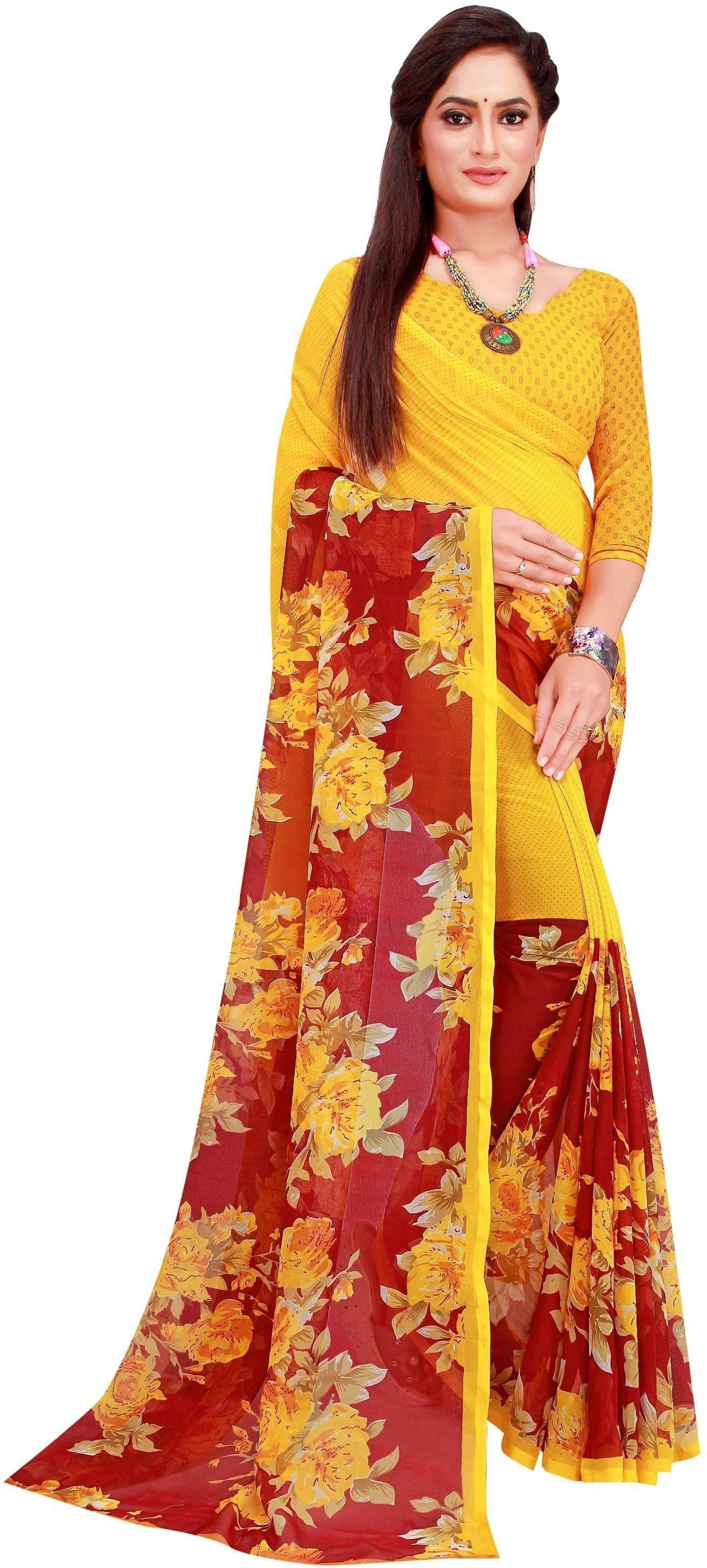     			Suali Georgette Striped Saree With Unstitched Blouse Piece ( Yellow )