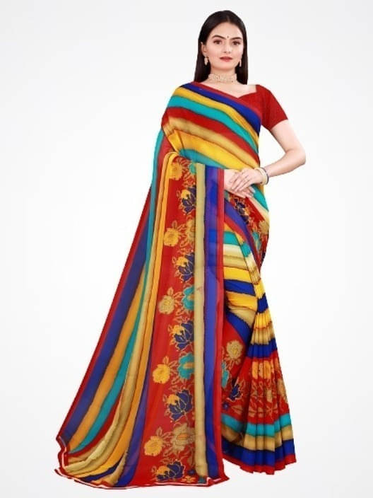     			Suali Georgette Striped Saree With Unstitched Blouse Piece ( Multicolor )