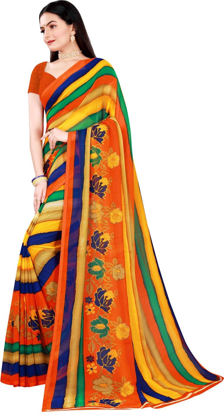     			Suali Georgette Striped Saree With Unstitched Blouse Piece ( Multicolor )
