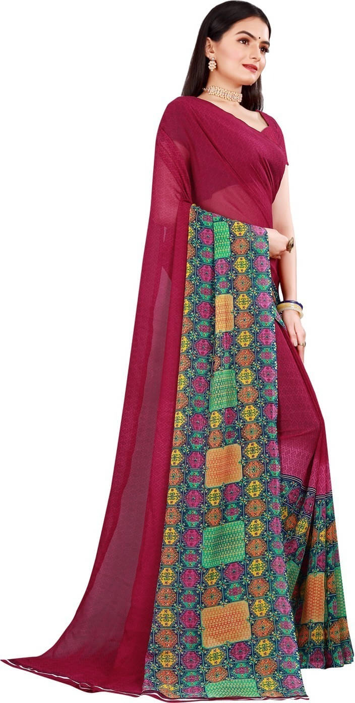     			Suali Georgette Striped Saree With Unstitched Blouse Piece ( Purple )