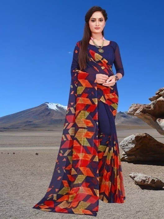     			Suali Georgette Striped Saree With Unstitched Blouse Piece ( Multicolor )