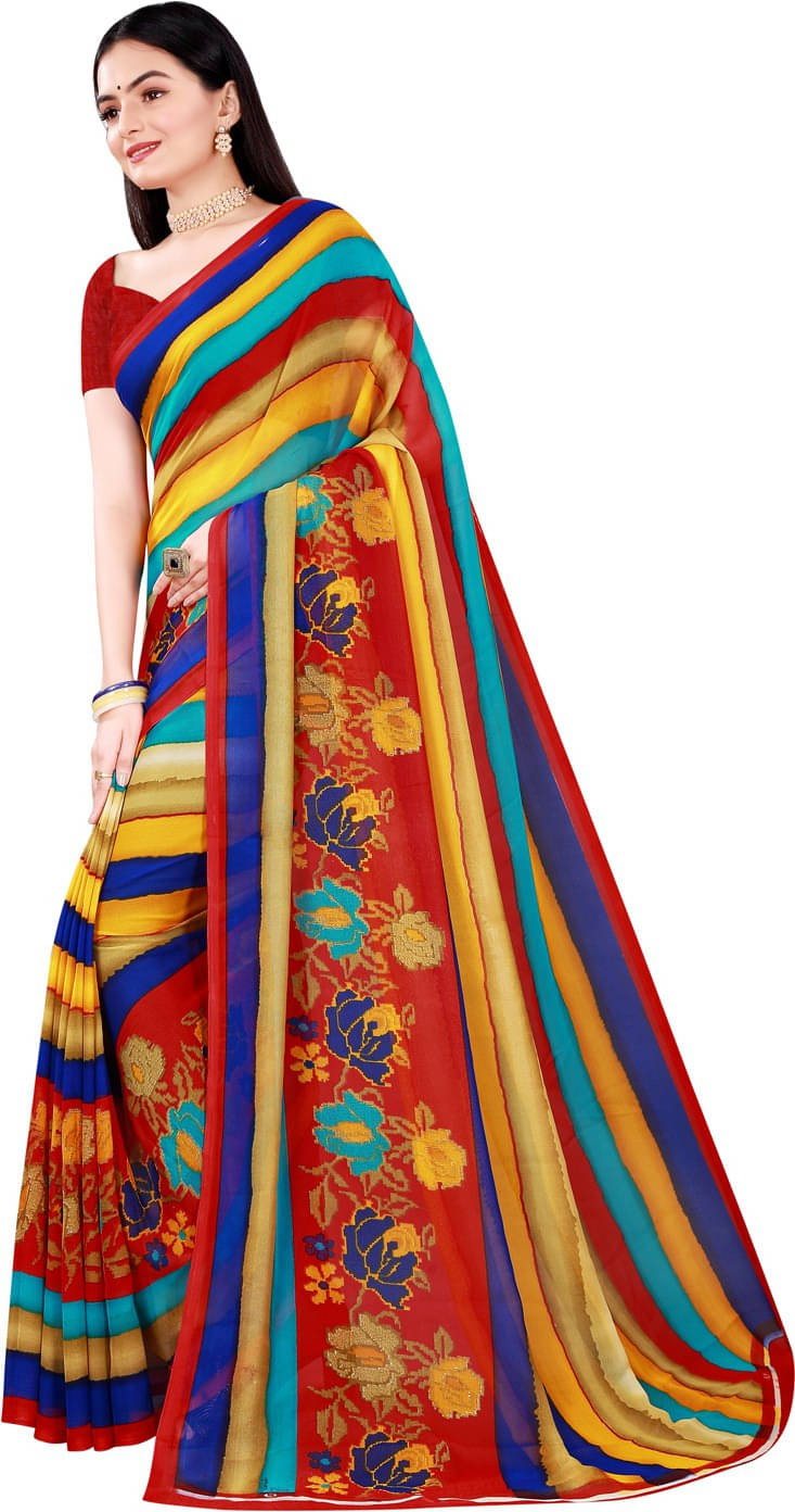 Suali Georgette Striped Saree With Unstitched Blouse Piece ( Multicolor ) Suali Georgette Striped Saree With Unstitched Blouse Piece ( Multicolor )