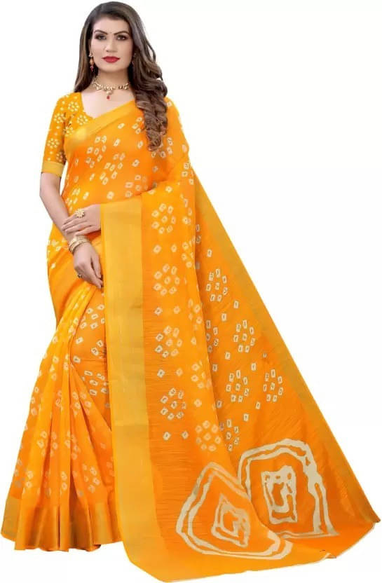     			Suali Linen Printed Saree With Unstitched Blouse Piece ( Yellow )
