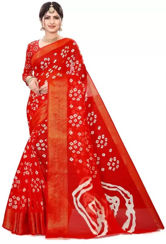 Suali Linen Printed Saree With Unstitched Blouse Piece ( Red ) Suali Linen Printed Saree With Unstitched Blouse Piece ( Red )