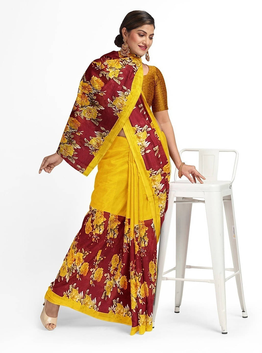     			Suali Lycra Printed Saree With Unstitched Blouse Piece ( Yellow )