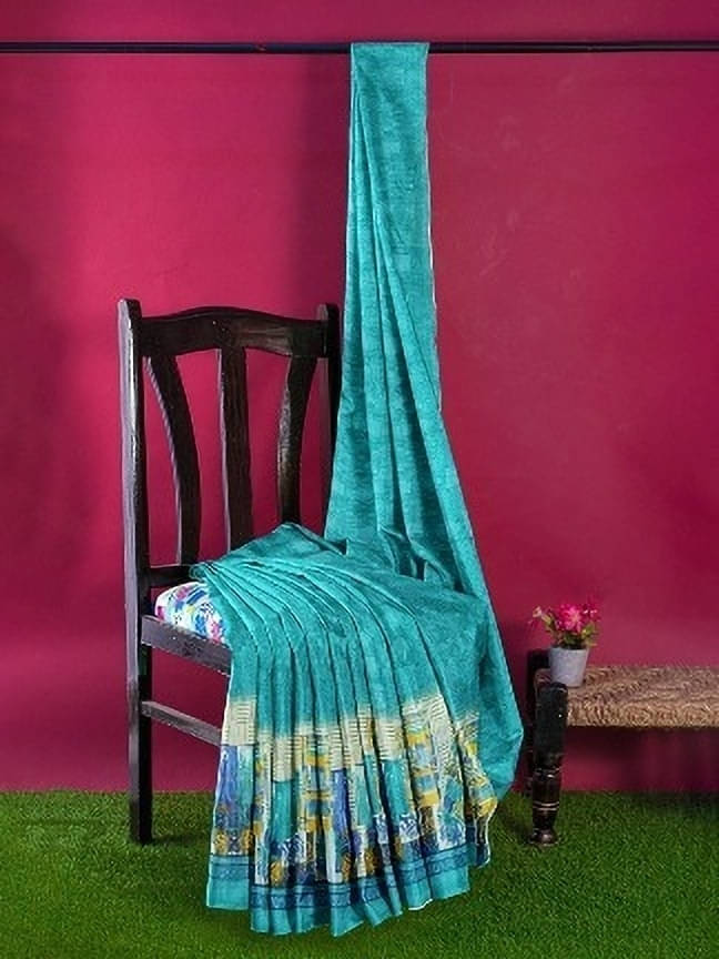 Suali Lycra Printed Saree With Unstitched Blouse Piece ( Blue ) Suali Lycra Printed Saree With Unstitched Blouse Piece ( Blue )