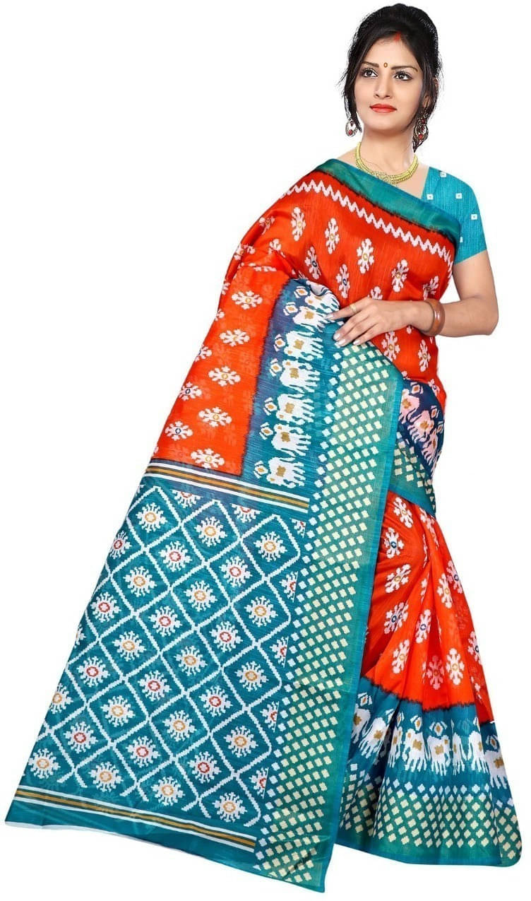     			Suali Lycra Printed Saree With Unstitched Blouse Piece ( Orange )