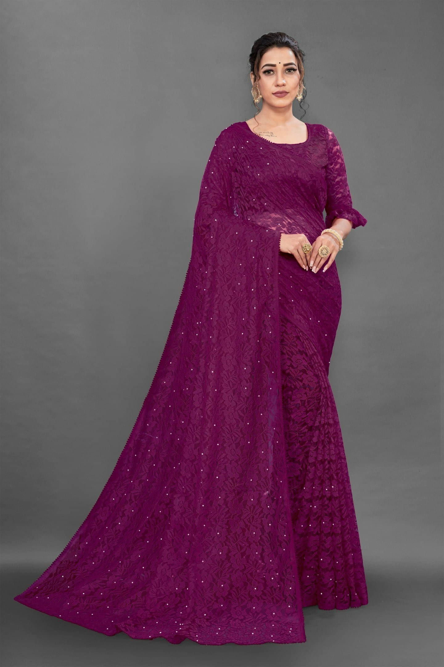 Suali Lycra Printed Saree With Unstitched Blouse Piece ( Purple ) Suali Lycra Printed Saree With Unstitched Blouse Piece ( Purple )