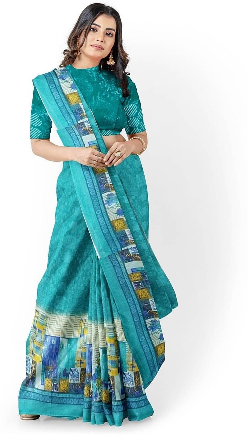 Suali Lycra Printed Saree With Unstitched Blouse Piece ( Light Blue ) Suali Lycra Printed Saree With Unstitched Blouse Piece ( Light Blue )