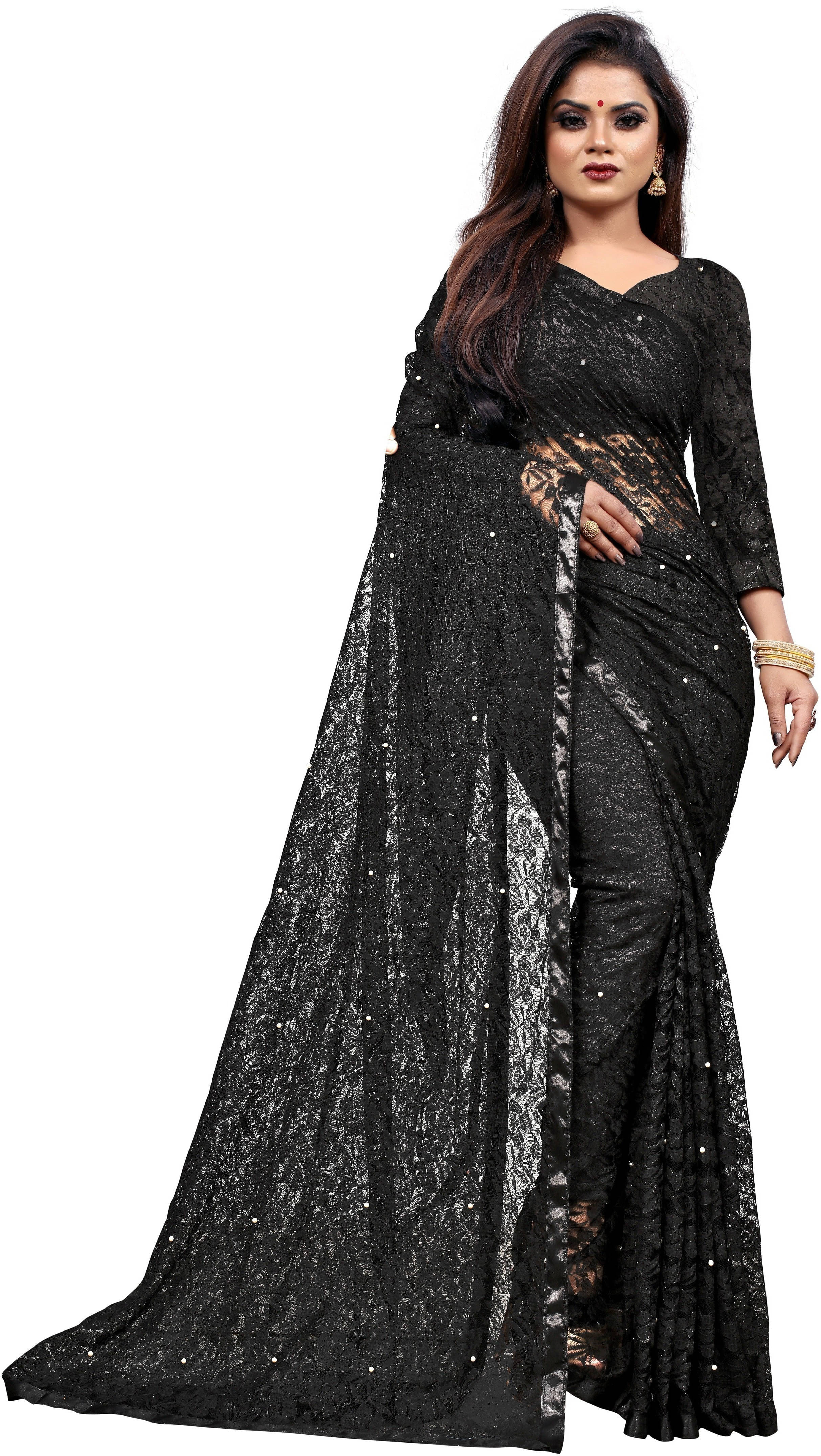 Suali Lycra Printed Saree With Unstitched Blouse Piece ( Black ) Suali Lycra Printed Saree With Unstitched Blouse Piece ( Black )