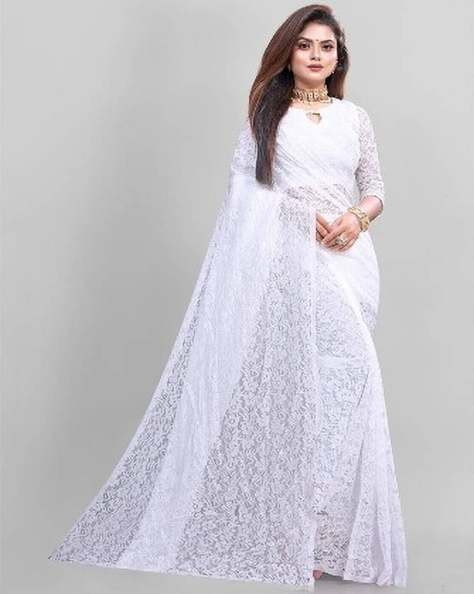 Suali Lycra Printed Saree With Unstitched Blouse Piece ( White ) Suali Lycra Printed Saree With Unstitched Blouse Piece ( White )