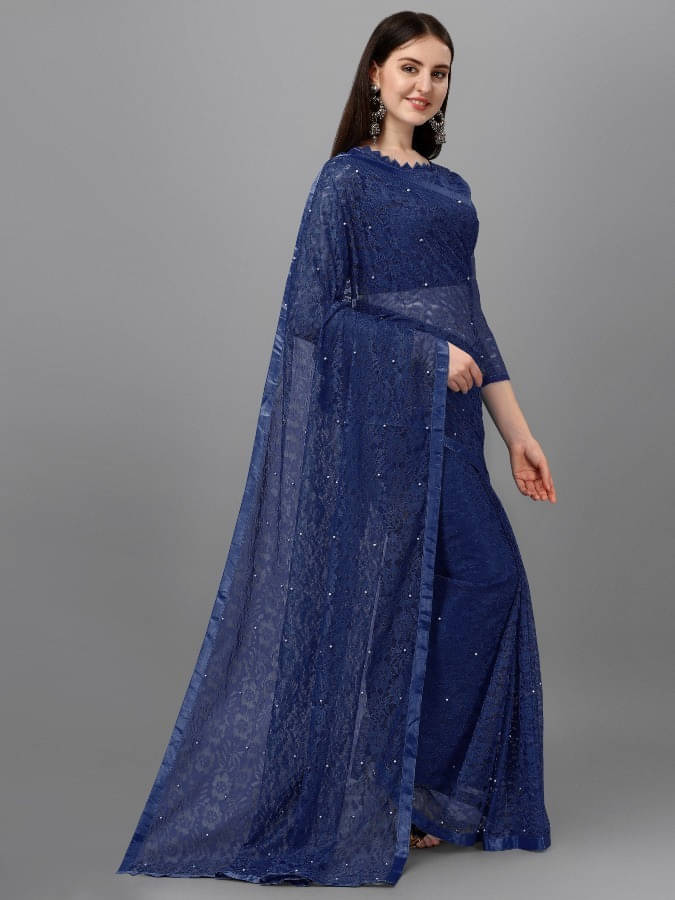 Suali Lycra Printed Saree With Unstitched Blouse Piece ( Blue ) Suali Lycra Printed Saree With Unstitched Blouse Piece ( Blue )
