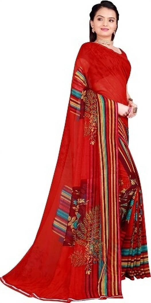 Suali Lycra Printed Saree With Unstitched Blouse Piece ( Red ) Suali Lycra Printed Saree With Unstitched Blouse Piece ( Red )