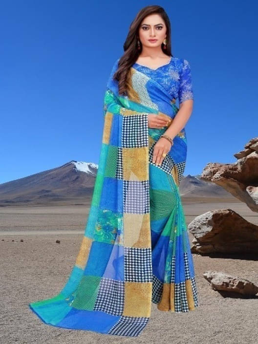 Suali Lycra Printed Saree With Unstitched Blouse Piece ( Multicolor ) Suali Lycra Printed Saree With Unstitched Blouse Piece ( Multicolor )
